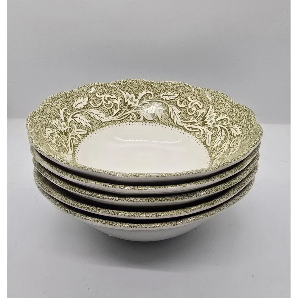 5 Vintage J&G Meakin England Sterling Renaissance Green Soup Cereal Bowls 6.5